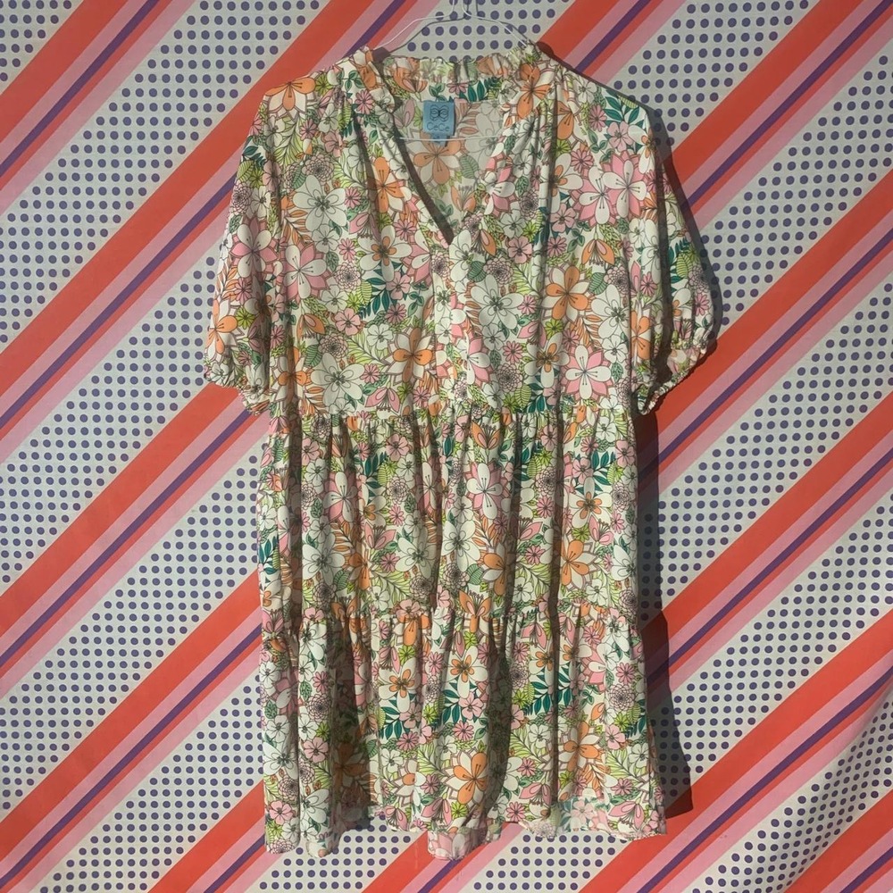 CeCe Women XL Floral Boho Mini Dress Pink Multi Tiered Short Sleeve V-Neck